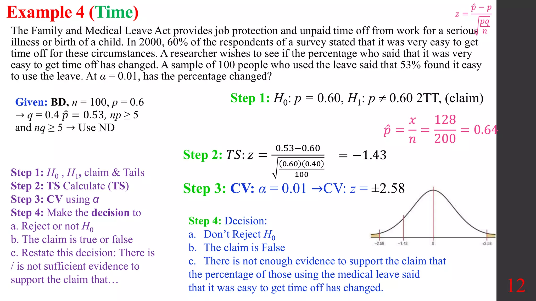 12
The Family and Medical Leave Act provides job protection and unpaid time off from work for a serious
illness or birth of a child. In 2000, 60% of the respondents of a survey stated that it was very easy to get
time off for these circumstances. A researcher wishes to see if the percentage who said that it was very
easy to get time off has changed. A sample of 100 people who used the leave said that 53% found it easy
to use the leave. At α = 0.01, has the percentage changed?
Example 4 (Time)
Step 3: CV: α = 0.01 →CV: z = ±2.58
Step 1: H0: p = 0.60, H1: p  0.60 2TT, (claim)
Given: BD, n = 100, p = 0.6
→ q = 0.4 𝑝 = 0.53, np ≥ 5
and nq ≥ 5 → Use ND 𝑝 =
𝑥
𝑛
=
128
200
= 0.64
Step 2: 𝑇𝑆: 𝑧 =
0.53−0.60
0.60 0.40
100
Step 4: Decision:
a. Don’t Reject H0
b. The claim is False
c. There is not enough evidence to support the claim that
the percentage of those using the medical leave said
that it was easy to get time off has changed.
= −1.43
Step 1: H0 , H1, claim & Tails
Step 2: TS Calculate (TS)
Step 3: CV using α
Step 4: Make the decision to
a. Reject or not H0
b. The claim is true or false
c. Restate this decision: There is
/ is not sufficient evidence to
support the claim that…
𝑧 =
𝑝 − 𝑝
𝑝𝑞
𝑛
 
