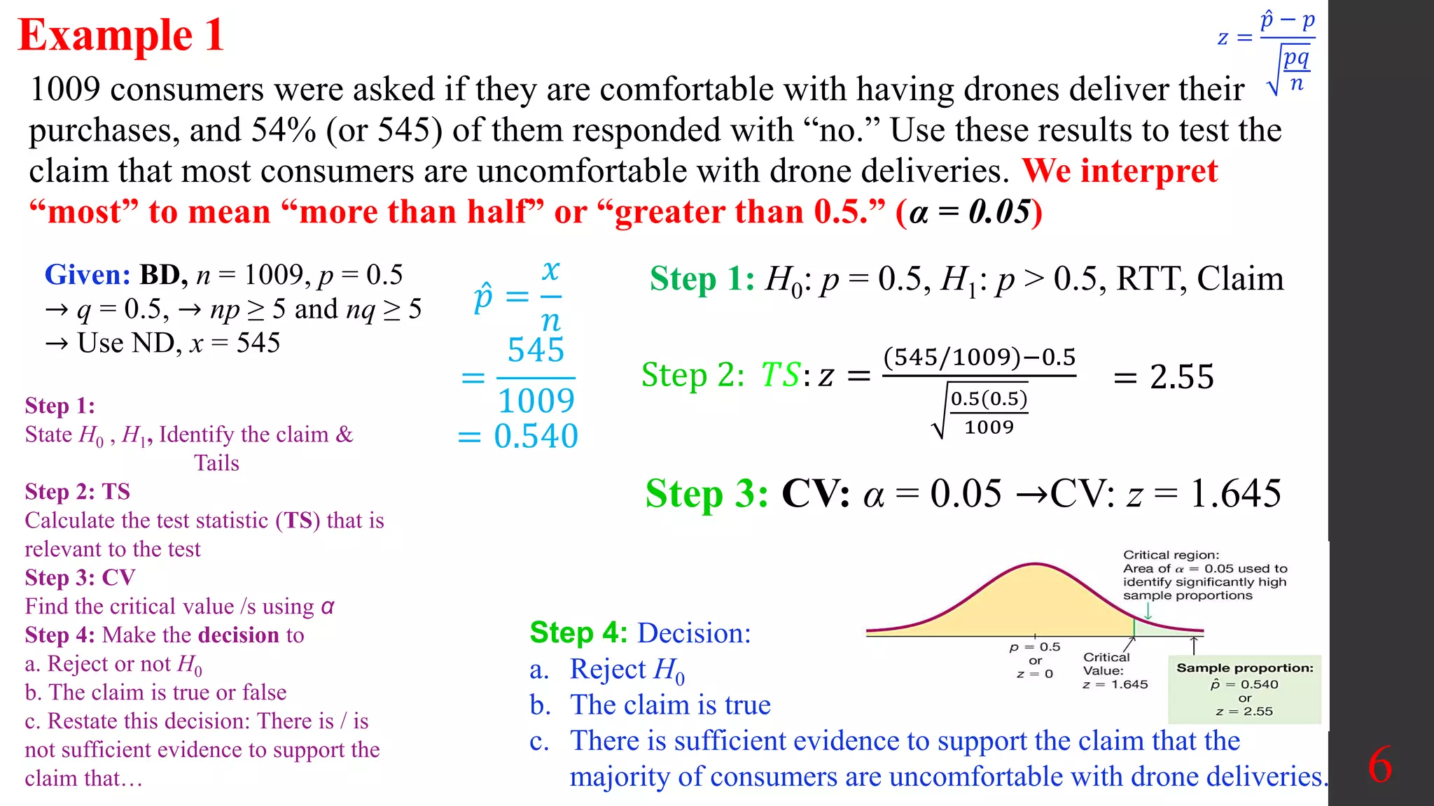 6
1009 consumers were asked if they are comfortable with having drones deliver their
purchases, and 54% (or 545) of them responded with “no.” Use these results to test the
claim that most consumers are uncomfortable with drone deliveries. We interpret
“most” to mean “more than half” or “greater than 0.5.” (α = 0.05)
Example 1
Step 1:
State H0 , H1, Identify the claim &
Tails
Step 2: TS
Calculate the test statistic (TS) that is
relevant to the test
Step 3: CV
Find the critical value /s using α
Step 4: Make the decision to
a. Reject or not H0
b. The claim is true or false
c. Restate this decision: There is / is
not sufficient evidence to support the
claim that…
Step 3: CV: α = 0.05 →CV: z = 1.645
Step 1: H0: p = 0.5, H1: p > 0.5, RTT, Claim
Given: BD, n = 1009, p = 0.5
→ q = 0.5, → np ≥ 5 and nq ≥ 5
→ Use ND, x = 545
𝑝 =
𝑥
𝑛
=
545
1009
= 0.540
Step 2: 𝑇𝑆: 𝑧 =
(545/1009)−0.5
0.5(0.5)
1009
𝑧 =
𝑝 − 𝑝
𝑝𝑞
𝑛
= 2.55
Step 4: Decision:
a. Reject H0
b. The claim is true
c. There is sufficient evidence to support the claim that the
majority of consumers are uncomfortable with drone deliveries.
 