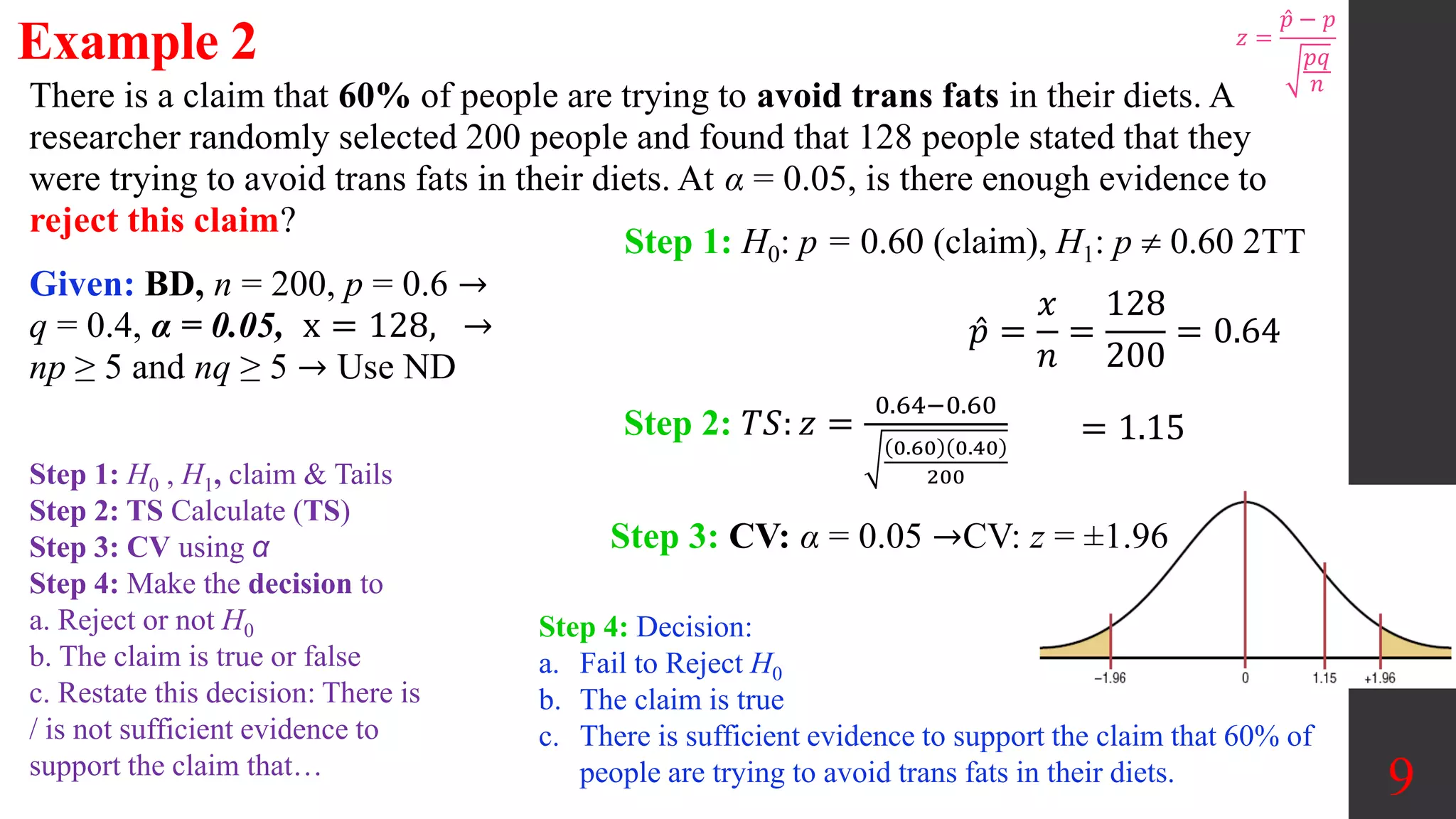 9
There is a claim that 60% of people are trying to avoid trans fats in their diets. A
researcher randomly selected 200 people and found that 128 people stated that they
were trying to avoid trans fats in their diets. At α = 0.05, is there enough evidence to
reject this claim?
Example 2
Step 3: CV: α = 0.05 →CV: z = ±1.96
Step 1: H0: p = 0.60 (claim), H1: p  0.60 2TT
Given: BD, n = 200, p = 0.6 →
q = 0.4, α = 0.05, x = 128, →
np ≥ 5 and nq ≥ 5 → Use ND
𝑝 =
𝑥
𝑛
=
128
200
= 0.64
Step 2: 𝑇𝑆: 𝑧 =
0.64−0.60
0.60 0.40
200
Step 4: Decision:
a. Fail to Reject H0
b. The claim is true
c. There is sufficient evidence to support the claim that 60% of
people are trying to avoid trans fats in their diets.
= 1.15
Step 1: H0 , H1, claim & Tails
Step 2: TS Calculate (TS)
Step 3: CV using α
Step 4: Make the decision to
a. Reject or not H0
b. The claim is true or false
c. Restate this decision: There is
/ is not sufficient evidence to
support the claim that…
𝑧 =
𝑝 − 𝑝
𝑝𝑞
𝑛
 