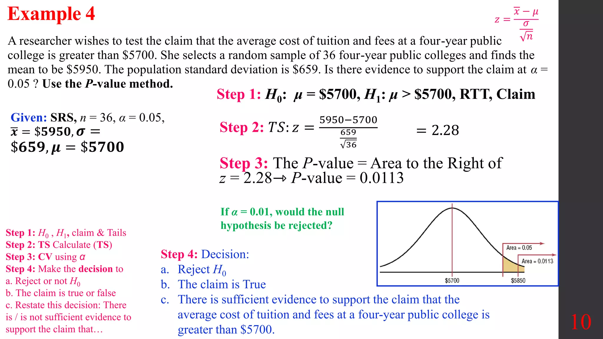 10
A researcher wishes to test the claim that the average cost of tuition and fees at a four-year public
college is greater than $5700. She selects a random sample of 36 four-year public colleges and finds the
mean to be $5950. The population standard deviation is $659. Is there evidence to support the claim at α =
0.05 ? Use the P-value method.
Example 4
Step 3: The P-value = Area to the Right of
z = 2.28⇾ P-value = 0.0113
Step 1: H0: μ = $5700, H1: μ > $5700, RTT, Claim
Given: SRS, n = 36, α = 0.05,
𝒙 = $𝟓𝟗𝟓𝟎, 𝝈 =
$𝟔𝟓𝟗, 𝝁 = $𝟓𝟕𝟎𝟎
Step 4: Decision:
a. Reject H0
b. The claim is True
c. There is sufficient evidence to support the claim that the
average cost of tuition and fees at a four-year public college is
greater than $5700.
Step 2: 𝑇𝑆: 𝑧 =
5950−5700
659
36
= 2.28
If α = 0.01, would the null
hypothesis be rejected?
Step 1: H0 , H1, claim & Tails
Step 2: TS Calculate (TS)
Step 3: CV using α
Step 4: Make the decision to
a. Reject or not H0
b. The claim is true or false
c. Restate this decision: There
is / is not sufficient evidence to
support the claim that…
𝑧 =
𝑥 − 𝜇
𝜎
𝑛
 