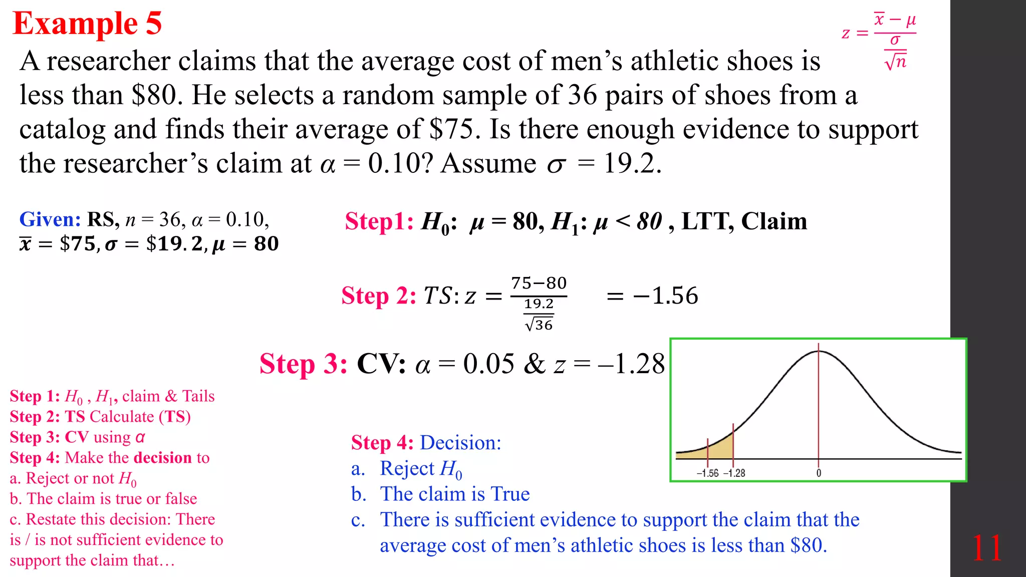 11
A researcher claims that the average cost of men’s athletic shoes is
less than $80. He selects a random sample of 36 pairs of shoes from a
catalog and finds their average of $75. Is there enough evidence to support
the researcher’s claim at α = 0.10? Assume  = 19.2.
Example 5
Step 3: CV: α = 0.05 & z = –1.28
Step1: H0: μ = 80, H1: μ < 80 , LTT, Claim
Given: RS, n = 36, α = 0.10,
𝒙 = $𝟕𝟓, 𝝈 = $𝟏𝟗. 𝟐, 𝝁 = 𝟖𝟎
Step 4: Decision:
a. Reject H0
b. The claim is True
c. There is sufficient evidence to support the claim that the
average cost of men’s athletic shoes is less than $80.
Step 2: 𝑇𝑆: 𝑧 =
75−80
19.2
36
= −1.56
Step 1: H0 , H1, claim & Tails
Step 2: TS Calculate (TS)
Step 3: CV using α
Step 4: Make the decision to
a. Reject or not H0
b. The claim is true or false
c. Restate this decision: There
is / is not sufficient evidence to
support the claim that…
𝑧 =
𝑥 − 𝜇
𝜎
𝑛
 