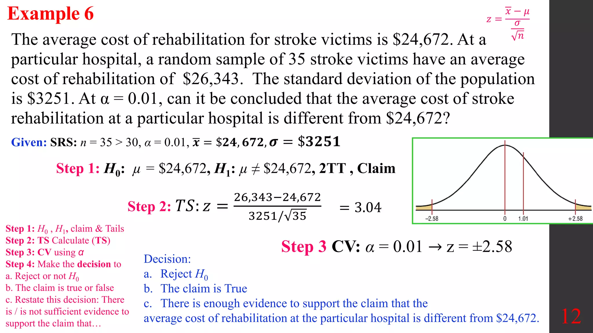 12
The average cost of rehabilitation for stroke victims is $24,672. At a
particular hospital, a random sample of 35 stroke victims have an average
cost of rehabilitation of $26,343. The standard deviation of the population
is $3251. At α = 0.01, can it be concluded that the average cost of stroke
rehabilitation at a particular hospital is different from $24,672?
Example 6
Step 3 CV: α = 0.01 → z = ±2.58
Step 1: H0: µ = $24,672, H1: µ ≠ $24,672, 2TT , Claim
Given: SRS: n = 35 > 30, α = 0.01, 𝒙 = $𝟐𝟒, 𝟔𝟕𝟐, 𝝈 = $𝟑𝟐𝟓𝟏
Decision:
a. Reject H0
b. The claim is True
c. There is enough evidence to support the claim that the
average cost of rehabilitation at the particular hospital is different from $24,672.
Step 2: 𝑇𝑆: 𝑧 =
26,343−24,672
3251/ 35
= 3.04
Step 1: H0 , H1, claim & Tails
Step 2: TS Calculate (TS)
Step 3: CV using α
Step 4: Make the decision to
a. Reject or not H0
b. The claim is true or false
c. Restate this decision: There
is / is not sufficient evidence to
support the claim that…
𝑧 =
𝑥 − 𝜇
𝜎
𝑛
 