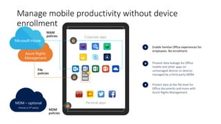 Manage mobile productivity without device
enrollment
Prevent data leakage for Office
mobile and other apps on
unmanaged devices or devices
managed by a third-party MDM.
Protect data at the file level for
Office documents and more with
Azure Rights Management.
Enable familiar Office experiences for
employees. No enrollment.
Personal apps
Corporate apps
Azure Rights
Management
MDM
policies
MAM
policies
File
policies
MDM – optional
(Intune or 3rd-party)
 