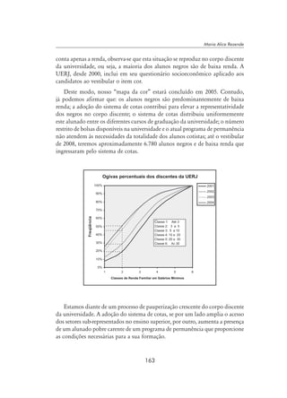 163
Maria Alice Rezende
conta apenas a renda, observa-se que esta situação se reproduz no corpo discente
da universidade, ou seja, a maioria dos alunos negros são de baixa renda. A
UERJ, desde 2000, inclui em seu questionário socioeconômico aplicado aos
candidatos ao vestibular o item cor.
Deste modo, nosso “mapa da cor” estará concluído em 2005. Contudo,
já podemos afirmar que: os alunos negros são predominantemente de baixa
renda; a adoção do sistema de cotas contribui para elevar a representatividade
dos negros no corpo discente; o sistema de cotas distribuiu uniformemente
este alunado entre os diferentes cursos de graduação da universidade; o número
restrito de bolsas disponíveis na universidade e o atual programa de permanência
não atendem às necessidades da totalidade dos alunos cotistas; até o vestibular
de 2008, teremos aproximadamente 6.780 alunos negros e de baixa renda que
ingressaram pelo sistema de cotas.
Estamos diante de um processo de pauperização crescente do corpo discente
da universidade. A adoção do sistema de cotas, se por um lado amplia o acesso
dos setores sub-representados no ensino superior, por outro, aumenta a presença
de um alunado pobre carente de um programa de permanência que proporcione
as condições necessárias para a sua formação.
 