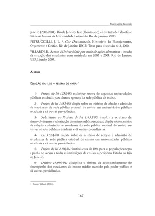 167
Maria Alice Rezende
Janeiro (2000-2004). Rio de Janeiro: Tese (Doutorado) – Instituto de Filosofia e
Ciências Sociais da Universidade Federal do Rio de Janeiro, 2004.
PETRUCCELLI, J. L. A Cor Denominada. Ministério do Planejamento,
Orçamento e Gestão. Rio de Janeiro: IBGE: Texto para discussão n. 3, 2000.
VILLARDI, R. Acesso à Universidade por meio de ações afirmativas – estudo
da situação dos estudantes com matrícula em 2003 e 2004. Rio de Janeiro:
UERJ, junho 2004.
Anexo
Relação das leis – reserva de vagas
1-	 Projeto de lei 1.258/00: estabelece reserva de vagas nas universidades
públicas estaduais para alunos egressos da rede pública de ensino.
2-	 Projeto de lei 1.653/00: dispõe sobre os critérios de seleção e admissão
de estudantes da rede pública estadual de ensino em universidades públicas
estaduais e dá outras providências.
3-	 Substituto ao Projeto de lei 1.653/00: implanta o plano de
desenvolvimento e valorização de ensino público estadual, dispõe sobre critérios
de seleção e admissão de estudantes da rede pública estadual de ensino em
universidades públicas estaduais e dá outras providências.
4-	 Lei 3.524/00: dispõe sobre os critérios de seleção e admissão de
estudantes da rede pública estadual de ensino em universidades públicas
estaduais e dá outras providências.
5-	 Projeto de lei 2.490/01: institui cota de 40% para as populações negra
e parda no acesso a todas as instituições de ensino superior no Estado do Rio
de Janeiro.
6-	 Decreto 29.090/01: disciplina o sistema de acompanhamento do
desempenho dos estudantes do ensino médio mantido pelo poder público e
dá outras providências.
	 Fonte: Villardi (2004).
 