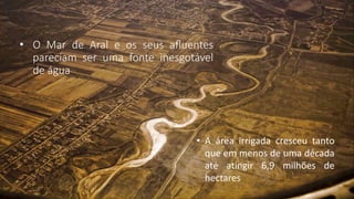 • O Mar de Aral e os seus afluentes
pareciam ser uma fonte inesgotável
de água
• A área irrigada cresceu tanto
que em menos de uma década
até atingir 6,9 milhões de
hectares
 