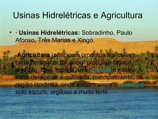 Usinas Hidrelétricas e Agricultura
• · Usinas Hidrelétricas: Sobradinho, Paulo
  Afonso, Três Marias e Xingó.

   Agricultura (principais produtos agrícolas):
  cana-de-açúcar (principal produto), tabaco,
  algodão, caju, manga, uva, acerola e cacau. A
  cana-de-açúcar é cultivada, principalmente, na
  região litorânea, onde encontramos o massapé,
  solo escuro, argiloso e muito fértil.
 