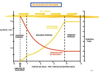 14
VELOCIDADE DE SECAGEM
PARTES DE ÁGUA POR PARTES DE MATÉRIA SECA
0 1 2 3 4 5
Kg ÁGUA / m2.h
1
2
3
PRIMEIRO
PERÍODO
TEMPERA-
TURA
SEGUNDO PERÍODO
VELOCIDADE
DE SECAGEM
TEMPERATURA
DO MATERIAL
TERCEIRO
PERÍODO
UMIDADE DE
EQUILÍBRIO
AR QUENTE
 