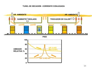 23
TUNEL DE SECAGEM - CORRENTE CONJUGADA
PISO
GABINETE ISOLADO TROCADOR DE CALOR
AR AMBIENTEAR AMBIENTE
100
80
60
40
20
0
UMIDADE
RELATIVA %
UR % NO AR
UR % NO
MATERIAL
 