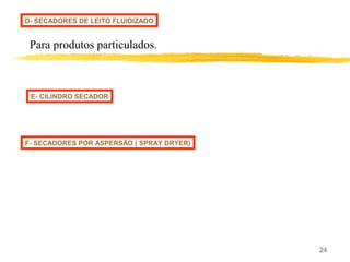 24
D- SECADORES DE LEITO FLUIDIZADO
Para produtos particulados.
E- CILINDRO SECADOR
F- SECADORES POR ASPERSÃO ( SPRAY DRYER)
 