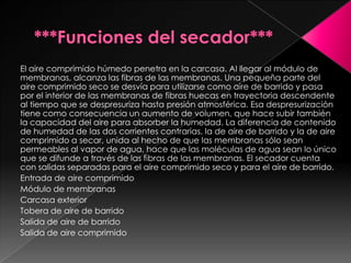 El aire comprimido húmedo penetra en la carcasa. Al llegar al módulo de
membranas, alcanza las fibras de las membranas. Una pequeña parte del
aire comprimido seco se desvía para utilizarse como aire de barrido y pasa
por el interior de las membranas de fibras huecas en trayectoria descendente
al tiempo que se despresuriza hasta presión atmosférica. Esa despresurización
tiene como consecuencia un aumento de volumen, que hace subir también
la capacidad del aire para absorber la humedad. La diferencia de contenido
de humedad de las dos corrientes contrarias, la de aire de barrido y la de aire
comprimido a secar, unida al hecho de que las membranas sólo sean
permeables al vapor de agua, hace que las moléculas de agua sean lo único
que se difunde a través de las fibras de las membranas. El secador cuenta
con salidas separadas para el aire comprimido seco y para el aire de barrido.
Entrada de aire comprimido
Módulo de membranas
Carcasa exterior
Tobera de aire de barrido
Salida de aire de barrido
Salida de aire comprimido
 