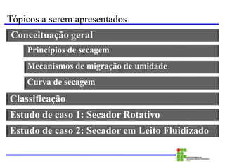 Tópicos a serem apresentados
Princípios de secagem
Conceituação geral
Mecanismos de migração de umidade
Classificação
Estudo de caso 1: Secador Rotativo
Estudo de caso 2: Secador em Leito Fluidizado
Curva de secagem
 