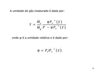 10
A umidade do gás insaturado é dada por:
onde φ é a umidade relativa e é dada por:
 