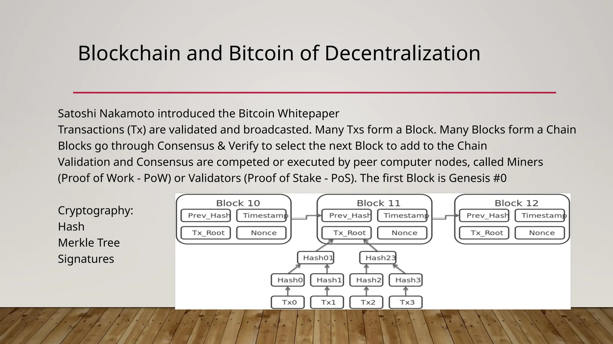 Blockchain and Bitcoin of Decentralization
Satoshi Nakamoto introduced the Bitcoin Whitepaper
Transactions (Tx) are validated and broadcasted. Many Txs form a Block. Many Blocks form a Chain
Blocks go through Consensus & Verify to select the next Block to add to the Chain
Validation and Consensus are competed or executed by peer computer nodes, called Miners
(Proof of Work - PoW) or Validators (Proof of Stake - PoS). The first Block is Genesis #0
Cryptography:
Hash
Merkle Tree
Signatures
 