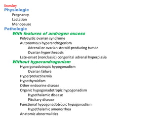 Secondary
Physiologic
Pregnancy
Lactation
Menopause
Pathologic
With features of androgen excess
Polycystic ovarian syndrome
Autonomous hyperandrogenism
Adrenal or ovarian steroid-producing tumor
Ovarian hyperthecosis
Late-onset (nonclassic) congenital adrenal hyperplasia
Without hyperandrogenism
Hypergonadotropic hypogonadism
Ovarian failure
Hyperprolactinemia
Hypothyroidism
Other endocrine disease
Organic hypogonadotropic hypogonadism
Hypothalamic disease
Pituitary disease
Functional hypogonadotropic hypogonadism
Hypothalamic amenorrhea
Anatomic abnormalities
 