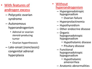 • With features of
androgen excess
– Polycystic ovarian
syndrome
– Autonomous
hyperandrogenism
• Adrenal or ovarian
steroid-producing
tumor
• Ovarian hyperthecosis
– Late-onset (nonclassic)
congenital adrenal
hyperplasia
• Without
hyperandrogenism
– Hypergonadotropic
hypogonadism
• Ovarian failure
– Hyperprolactinemia
– Hypothyroidism
– Other endocrine disease
– Organic
hypogonadotropic
hypogonadism
• Hypothalamic disease
• Pituitary disease
– Functional
hypogonadotropic
hypogonadism
• Hypothalamic
amenorrhea
– Anatomic abnormalities
 