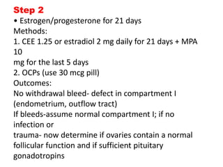 Step 2
• Estrogen/progesterone for 21 days
Methods:
1. CEE 1.25 or estradiol 2 mg daily for 21 days + MPA
10
mg for the last 5 days
2. OCPs (use 30 mcg pill)
Outcomes:
No withdrawal bleed- defect in compartment I
(endometrium, outflow tract)
If bleeds-assume normal compartment I; if no
infection or
trauma- now determine if ovaries contain a normal
follicular function and if sufficient pituitary
gonadotropins
 