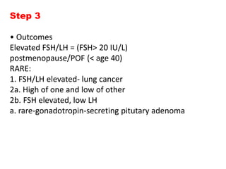 Step 3
• Outcomes
Elevated FSH/LH = (FSH> 20 IU/L)
postmenopause/POF (< age 40)
RARE:
1. FSH/LH elevated- lung cancer
2a. High of one and low of other
2b. FSH elevated, low LH
a. rare-gonadotropin-secreting pitutary adenoma
 