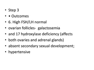 • Step 3
• • Outcomes
• 6. High FSH/LH normal
• ovarian follicles- galactosemia
• and 17 hydroxylase deficiency (affects
• both ovaries and adrenal glands)
• absent secondary sexual development;
• hypertensive
 