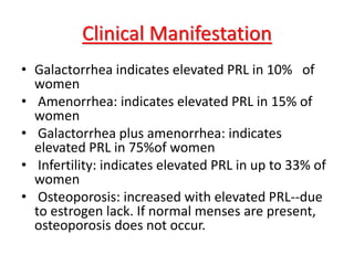 Clinical Manifestation
• Galactorrhea indicates elevated PRL in 10% of
women
• Amenorrhea: indicates elevated PRL in 15% of
women
• Galactorrhea plus amenorrhea: indicates
elevated PRL in 75%of women
• Infertility: indicates elevated PRL in up to 33% of
women
• Osteoporosis: increased with elevated PRL--due
to estrogen lack. If normal menses are present,
osteoporosis does not occur.
 