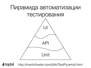 Пирамида автоматизации
тестирования
UI
API
Unit
http://martinfowler.com/bliki/TestPyramid.html
 