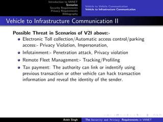 Introduction to VANET
                                 Scenarios
                                             Vehicle to Vehicle Communication
                    Security Requirements
                                             Vehicle to Infrastructure Communication
                     Privacy Requirements
                              Bibliography


Vehicle to Infrastructure Communication II
  Possible Threat in Scenarios of V2I above:-
      Electronic Toll collection/Automatic access control/parking
      access:- Privacy Violation, Impersonation,
      Infotainment:- Penetration attack, Privacy violation
      Remote Fleet Management:- Tracking/Proﬁling
      Tax payment: The authority can link or indentify using
      previous transaction or other vehicle can hack transaction
      information and reveal the identity of the sender.




                              Ankit Singh    The Security and Privacy Requirements in VANET
 