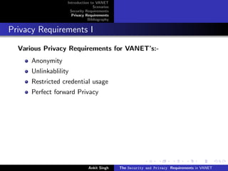 Introduction to VANET
                                 Scenarios
                    Security Requirements
                     Privacy Requirements
                              Bibliography


Privacy Requirements I

  Various Privacy Requirements for VANET’s:-
      Anonymity
      Unlinkablility
      Restricted credential usage
      Perfect forward Privacy




                              Ankit Singh    The Security and Privacy Requirements in VANET
 