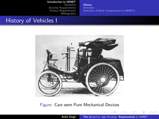 Introduction to VANET
                              Scenarios   History
                 Security Requirements    Overview
                  Privacy Requirements    Overview of Basic Components in VANETs
                           Bibliography


History of Vehicles I




             Figure: Cars were Pure Mechanical Devices

                           Ankit Singh    The Security and Privacy Requirements in VANET
 