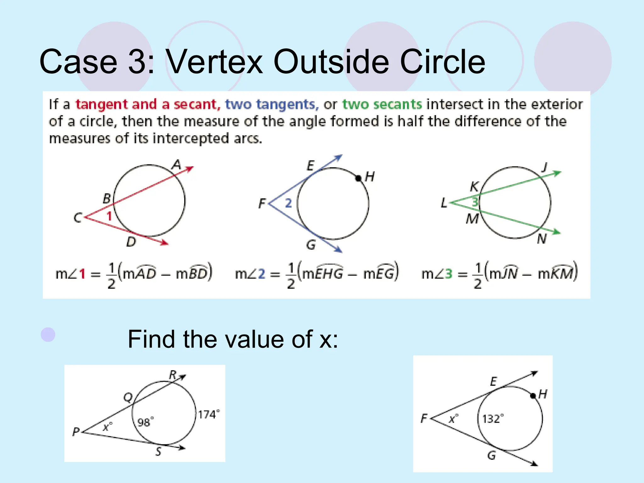 Case 3: Vertex Outside Circle
 Find the value of x:
 