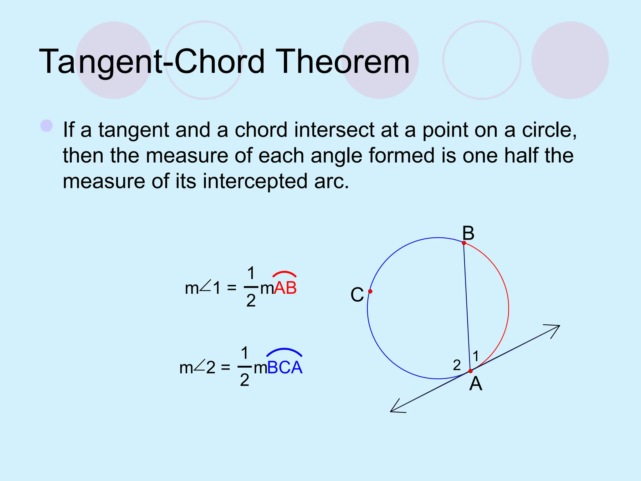 Tangent-Chord Theorem
If a tangent and a chord intersect at a point on a circle,
then the measure of each angle formed is one half the
measure of its intercepted arc.
2
1
B
A
C
m1 =
1
2
mAB
m2 =
1
2
mBCA
 
