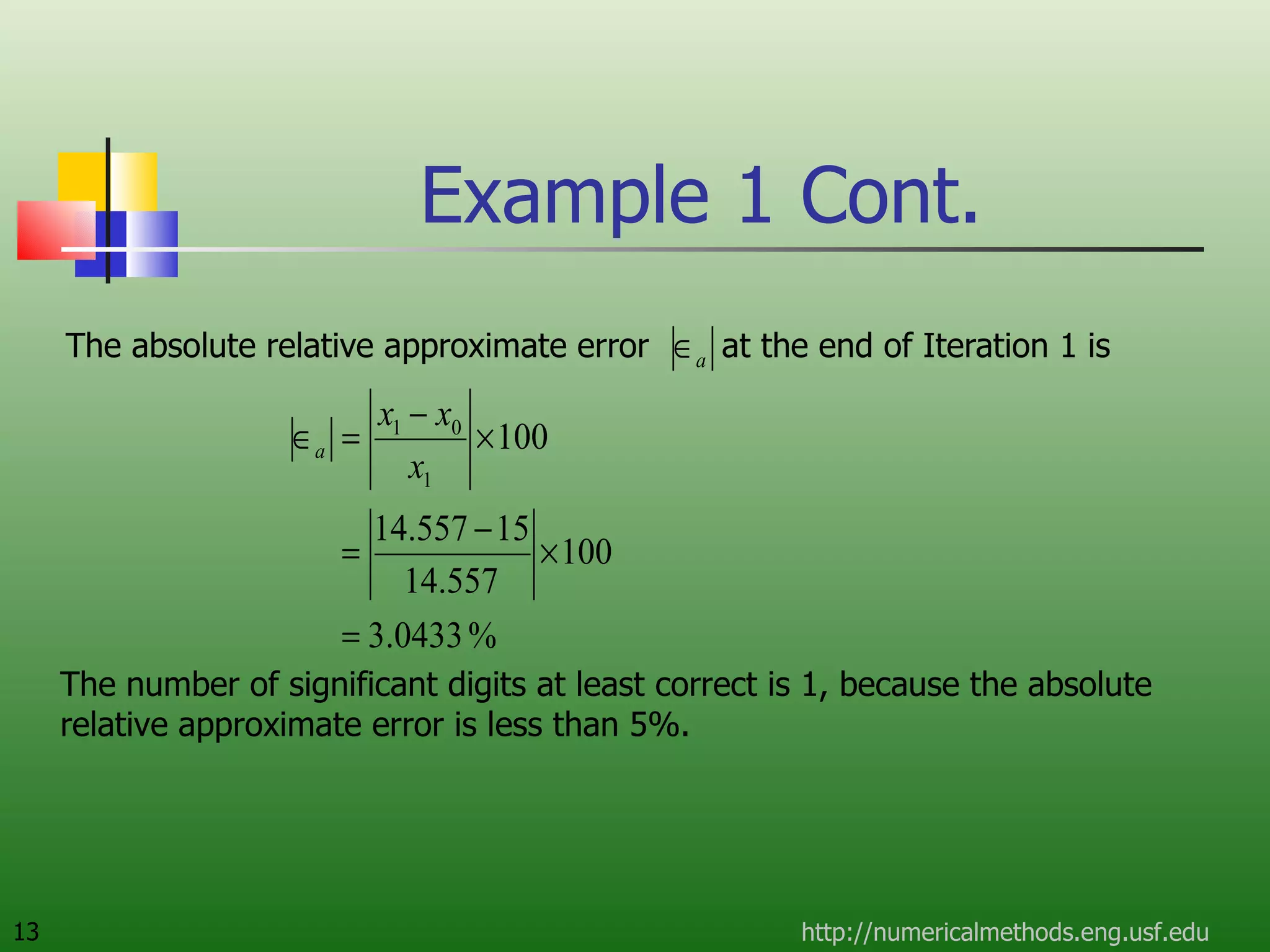 Example 1 Cont. The absolute relative approximate error  at the end of Iteration 1 is http://numericalmethods.eng.usf.edu The number of significant digits at least correct is 1, because the absolute relative approximate error is less than 5%. 