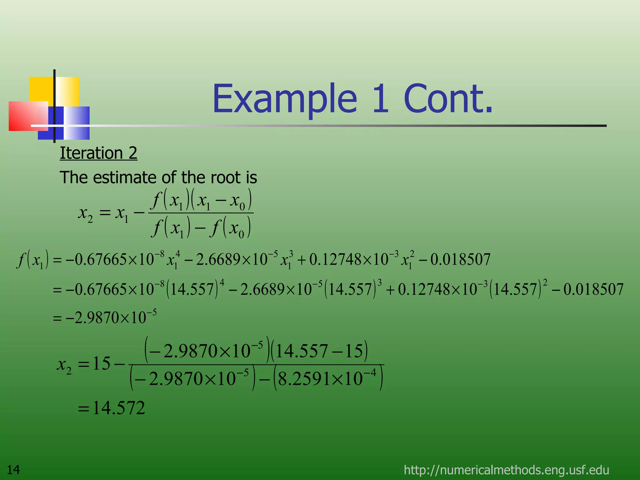 Example 1 Cont. Iteration 2 The estimate of the root is http://numericalmethods.eng.usf.edu 