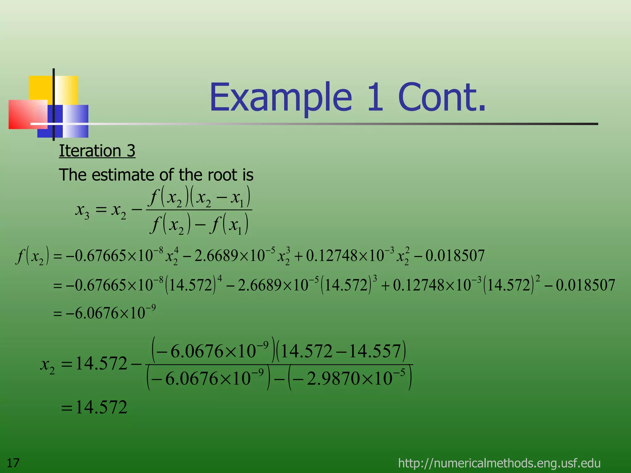 Example 1 Cont. Iteration 3 The estimate of the root is http://numericalmethods.eng.usf.edu 