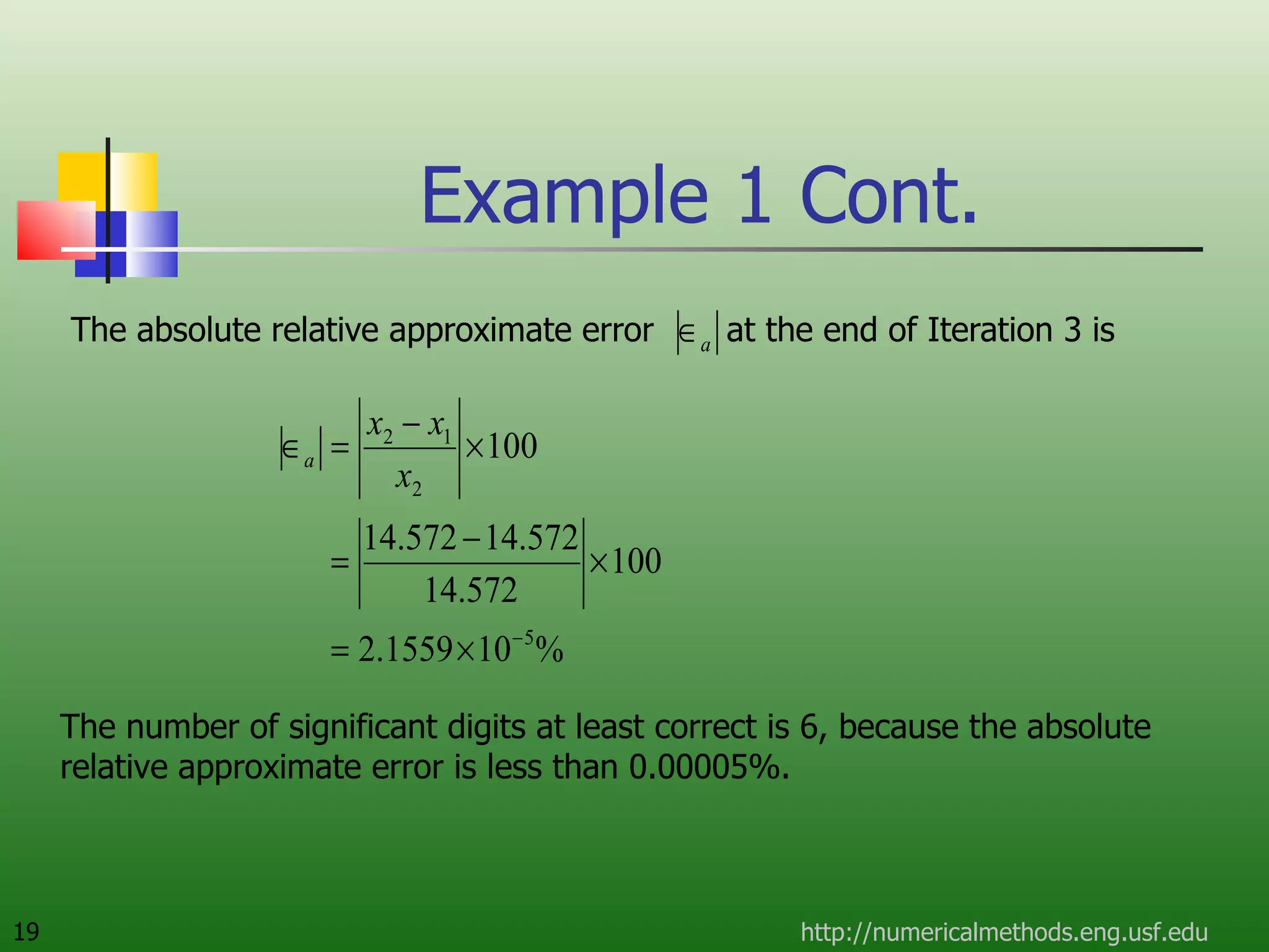 Example 1 Cont. The absolute relative approximate error  at the end of Iteration 3 is http://numericalmethods.eng.usf.edu The number of significant digits at least correct is 6, because the absolute relative approximate error is less than 0.00005%. 