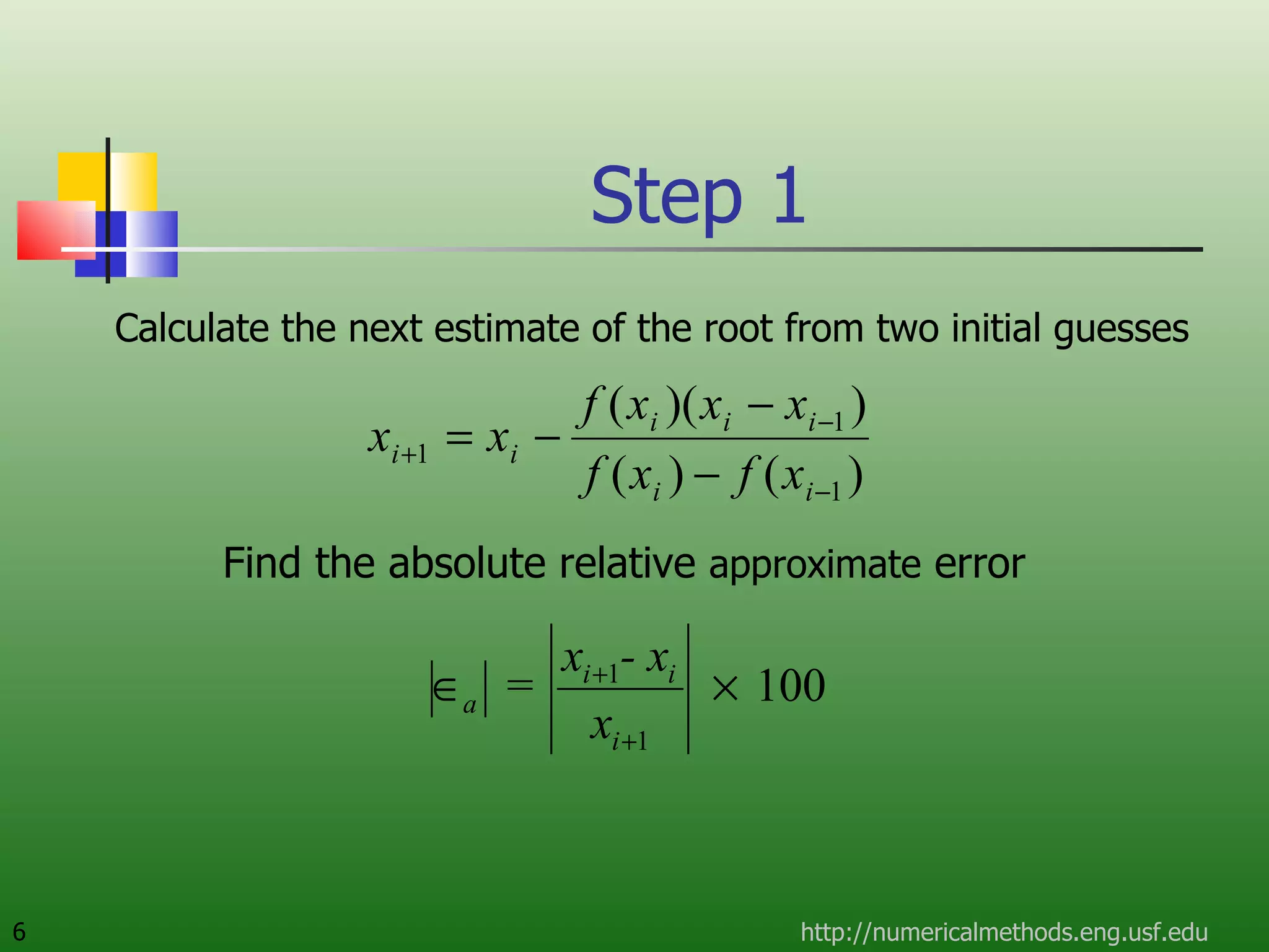 Step 1 http://numericalmethods.eng.usf.edu Calculate the next estimate of the root from two initial guesses Find the absolute relative  approximate  error 