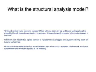 What is the structural analysis model?
•Unlinked vertical frame elements represent Piles with ring beam on top and lateral springs along the
embedded length below the excavation to represent the passive earth pressure “pile overlap ignored in
this case”.
•A 600mm wall modeled as a plate element to represent the overlapped piles system with ring beam on
top and soil springs.
•Horizontal struts added to the first model between piles all around to represent pile interlock, struts are
compression only members spaced at 1m vertically.
 