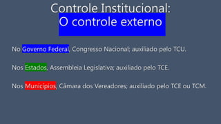 Controle Institucional:
O controle externo
No Governo Federal, Congresso Nacional; auxiliado pelo TCU.
Nos Estados, Assembleia Legislativa; auxiliado pelo TCE.
Nos Municípios, Câmara dos Vereadores; auxiliado pelo TCE ou TCM.
 