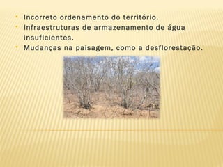  Incorreto ordenamento do território.
 Infraestruturas de armazenamento de água
insuficientes.
 Mudanças na paisagem, como a desflorestação.
 