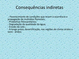Consequências indiretas
 - Favorecimento de condições que levem à ocorrência e
propagação de incêndios florestais;
- Problemas fitossanitários;
- Degradação da qualidade da água;
- Erosão do solo ;
- A longo prazo, desertificação, nas regiões de climas áridos e
semi - áridos.
 