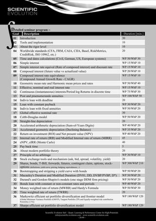 Scientific Evolution Sàrl – Quant. Learning & Performance Center for High-Potentials
info@scientific-evolution.com – www.scientific-evolution.com
- 26/48 -
Detailed seminar program 
Goal Description ~Duration [min.]
01 Introduction 30
02 Tools and implementation 10
03 About the rigor level 10
04 Worldwide standards (CFA, FRM, CAIA, CIIA, Basel, RiskMetrics,
CreditRisk, ISO 10962, etc.)
20
05 Time and dates calculations (Civil, German, US, European systems) WP 50/WhP 30
06 Simple interest WP 15/WhP 10
07 Simple interest rate equival (Rate of composed interest) and discount rate WP 15/WhP 10
08 Composed interest (future value vs actualized value) WP 20/WhP 10
09 Composed interest rate equivalence
(Compound Annual Growth Rate - CAGR)
WP 15/WhP 10
10 Geometric mean rate and Harmonic mean prices and rates WP 50/WhP 40
11 Effective, nominal and real interest rate WP 15/WhP 10
12 Continuous (instantaneous) interests/Period log Returns in discrete time WP 75/WhP 30
13 Post and praenumerando annuities WP 100/WhP 50
14 Indivis loan with deadline 20
15 Loan with constant payback WP 30/WhP 20
16 Indivis loan with fixed annuities WP 50/WhP 20
17 Global effective nominal rate 30
18 Cobb-Douglas model WP 50/WhP 20
19 Straight-line depreciation 20
20 Accelerated arithmetic depreciation (Sum-of-Years Digits) WP 40/WhP 20
21 Accelerated geometric depreciation (Declining Balance) WP 35/WhP 20
22 Return on investment (ROI) and Net present value (NPV) WP 40/WhP 20
23 Internal rate of return (IRR) and Modified Internal rate of return (MIRR) 45
24 eNPV, eIRR (Monte Carlo) 40
25 Pay back time 5
26 About modern portfolio theory 20
27 Principle of no arbitrage WP 30/WhP 10
28 Stock exchange tools and mechanism (ask, bid, spread, volatility, yield) 20
29 Shares, bonds, T-Bill, forwards, futures, contingent claim, options, stock-
options (definitions, yield curve, pricing, hedging, equivalences,...)
WP 300/WhP 210
30 Bootstrapping and stripping a yield curve with bonds WP 50/WhP 20
31 Macauley's Duration and Modified Duration (DV01, DD, DVBP/PVBP, D*) WP 50/WhP 20
32 Durand's and Gordon-Shapiro's models (one stage DDM firm pricing) WP 50/WhP 20
33 Bonds loan with constant or non-constant rates and periods WP 40/WhP 20
34 Money weighted rate of return (MWRR) and Hardy's Formula WP 50/WhP 30
35 Time weighted rate of return (TWRR) 20
36 Markowitz efficient set portfolio diversification and frontier model
(Global Minimum Variance Portfolio (GMVP), Tangent Portfolio (TP) and Equally-weighted risk contribution
Portofolio (1/N))
WP 180/WhP 120
37 Sharpe efficient set portfolio diversification model WP 180/WhP 120
 
