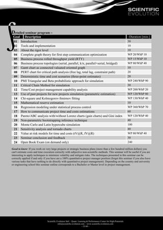 Scientific Evolution Sàrl – Quant. Learning & Performance Center for High-Potentials
info@scientific-evolution.com – www.scientific-evolution.com
- 35/48 -
Detailed seminar program 
Goal Description ~Duration [min.]
01 Introduction 30
02 Tools and implementation 10
03 About the rigor level 10
04 Complete graph theory for first step communication optimization WP 20/WhP 10
05 Business process rolled throughput yield (RTY) WP 15/WhP 10
06 Business process topologies (serial, parallel, k/n, parallel+serial, bridged) WP 80/WhP 40
07 Gantt chart as connected valuated oriented graph 10
08 PERT chart for critical path analysis (free lag, total lag, constraint path) 20
09 Deterministic time and cost scenarios (three-point estimates) 20
10 PMI Triangular and Beta probabilistic approach for simulation WP 240/WhP 90
11 Critical Chain Method for simulation 30
12 Time/Cost project management capability analysis WP 200/WhP 20
13 Use of past projects for new projects simulation (parametric estimation) WP 120/WhP 80
14 Chi-square and Kolmogorov-Smirnov fitting WP 130/WhP 40
15 Mathematical reserve estimation 10
16 Regression modeling under statistical process control WP 360/WhP 70
17 How to communicate project time and costs estimations 60
18 Pareto/ABC analysis with/without Lorenz charts (gain charts) and Gini index WP 120/WhP 40
19 Non-parametric bootstrapping inference technique 40
20 Monte Carlo and Latin hypercube simulation 100
21 Sensitivity analysis and tornado charts 40
22 Value at risk models for time and costs (tV@R, fV@R) WP 80/WhP 40
23 Seminar conclusion and feedback 30
24 Open Book Exam (on demand only) 240
Good to know: If you work on very large projects or strategic business plans (more than a few hundred million dollars) you
can't estimate costs and time execution correctly with subjective non-scientific methods. This seminar will be useful if you are
interesting to apply techniques to minimize volatility and mitigate risks. The techniques presented in this seminar can be
correctly applied if and only if you have are a 100% quantitative project manager position (forget this seminar if you also have
various tasks that have nothing to do directly with quantitative project management). Depending on the country and university
or engineering school this seminar outline corresponds to a Bachelor or Master level in project management.
 
