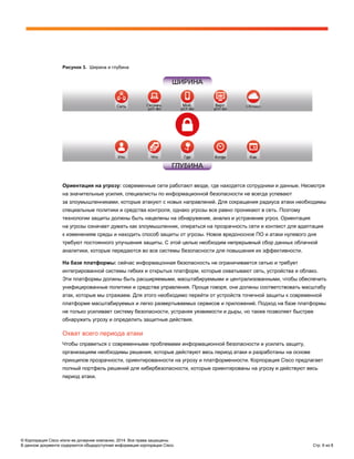 © Корпорация Cisco и/или ее дочерние компании, 2014. Все права защищены.
В данном документе содержится общедоступная информация корпорации Cisco. Стр. 6 из 8
Рисунок 3. Ширина и глубина
Ориентация на угрозу: современные сети работают везде, где находятся сотрудники и данные. Несмотря
на значительные усилия, специалисты по информационной безопасности не всегда успевают
за злоумышленниками, которые атакуют с новых направлений. Для сокращения радиуса атаки необходимы
специальные политики и средства контроля, однако угрозы все равно проникают в сеть. Поэтому
технологии защиты должны быть нацелены на обнаружение, анализ и устранение угроз. Ориентация
на угрозы означает думать как злоумышленник, опираться на прозрачность сети и контекст для адаптации
к изменениям среды и находить способ защиты от угрозы. Новое вредоносное ПО и атаки нулевого дня
требуют постоянного улучшения защиты. С этой целью необходим непрерывный сбор данных облачной
аналитики, которые передаются во все системы безопасности для повышения их эффективности.
На базе платформы: сейчас информацонная безопасность не ограничивается сетью и требует
интегрированной системы гибких и открытых платформ, которые охватывают сеть, устройства и облако.
Эти платформы должны быть расширяемыми, масштабируемыми и централизованными, чтобы обеспечить
унифицированные политики и средства управления. Проще говоря, они должны соответствовать масштабу
атак, которые мы отражаем. Для этого необходимо перейти от устройств точечной защиты к современной
платформе масштабируемых и легко развертываемых сервисов и приложений. Подход на базе платформы
не только усиливает систему безопасности, устраняя уязвимости и дыры, но также позволяет быстрее
обнаружить угрозу и определить защитные действия.
Охват всего периода атаки
Чтобы справиться с современными проблемами информационной безопасности и усилить защиту,
организациям необходимы решения, которые действуют весь период атаки и разработаны на основе
принципов прозрачности, ориентированности на угрозу и платформенности. Корпорация Cisco предлагает
полный портфель решений для кибербезопасности, которые ориентированы на угрозу и действуют весь
период атаки.
 