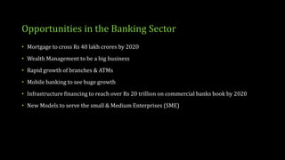 Opportunities in the Banking Sector
• Mortgage to cross Rs 40 lakh crores by 2020
• Wealth Management to be a big business
• Rapid growth of branches & ATMs
• Mobile banking to see huge growth
• Infrastructure financing to reach over Rs 20 trillion on commercial banks book by 2020
• New Models to serve the small & Medium Enterprises (SME)
 