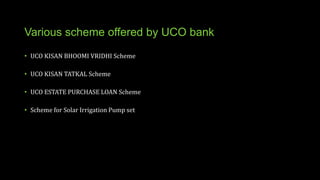 Various scheme offered by UCO bank
• UCO KISAN BHOOMI VRIDHI Scheme
• UCO KISAN TATKAL Scheme
• UCO ESTATE PURCHASE LOAN Scheme
• Scheme for Solar Irrigation Pump set
 