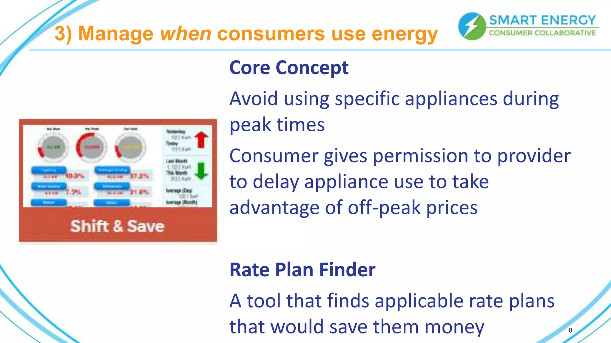 3) Manage when consumers use energy
8
Core Concept
Avoid using specific appliances during
peak times
Consumer gives permission to provider
to delay appliance use to take
advantage of off-peak prices
Rate Plan Finder
A tool that finds applicable rate plans
that would save them money
 
