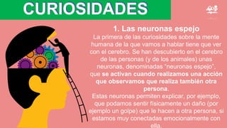 CURIOSIDADES
1. Las neuronas espejo
La primera de las curiosidades sobre la mente
humana de la que vamos a hablar tiene que ver
con el cerebro. Se han descubierto en el cerebro
de las personas (y de los animales) unas
neuronas, denominadas “neuronas espejo”,
que se activan cuando realizamos una acción
que observamos que realiza también otra
persona.
Estas neuronas permiten explicar, por ejemplo,
que podamos sentir físicamente un daño (por
ejemplo un golpe) que le hacen a otra persona, si
estamos muy conectadas emocionalmente con
ella.
 