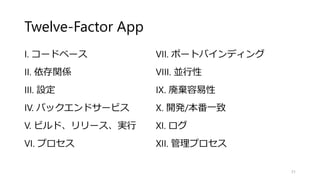 Twelve-Factor App
I. コードベース
II. 依存関係
III. 設定
IV. バックエンドサービス
V. ビルド、リリース、実行
VI. プロセス
31
VII. ポートバインディング
VIII. 並行性
IX. 廃棄容易性
X. 開発/本番一致
XI. ログ
XII. 管理プロセス
 