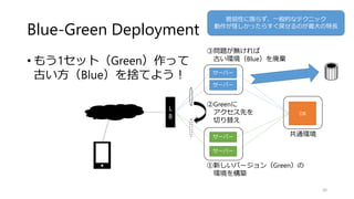 Blue-Green Deployment
• もう1セット（Green）作って
古い方（Blue）を捨てよう！
36
ｃ
L
B
サーバー
サーバー
サーバー
サーバー
③問題が無ければ
古い環境（Blue）を廃棄
①新しいバージョン（Green）の
環境を構築
②Greenに
アクセス先を
切り替え
DB
共通環境
脆弱性に限らず、一般的なテクニック
動作が怪しかったらすぐ戻せるのが最大の特長
 