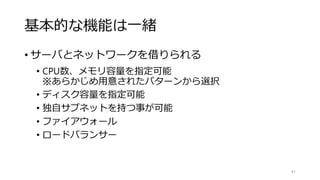 基本的な機能は一緒
• サーバとネットワークを借りられる
• CPU数、メモリ容量を指定可能
※あらかじめ用意されたパターンから選択
• ディスク容量を指定可能
• 独自サブネットを持つ事が可能
• ファイアウォール
• ロードバランサー
41
 