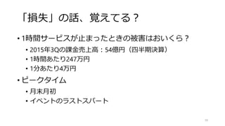 「損失」の話、覚えてる？
• 1時間サービスが止まったときの被害はおいくら？
• 2015年3Qの課金売上高：54億円（四半期決算）
• 1時間あたり247万円
• 1分あたり4万円
• ピークタイム
• 月末月初
• イベントのラストスパート
59
 